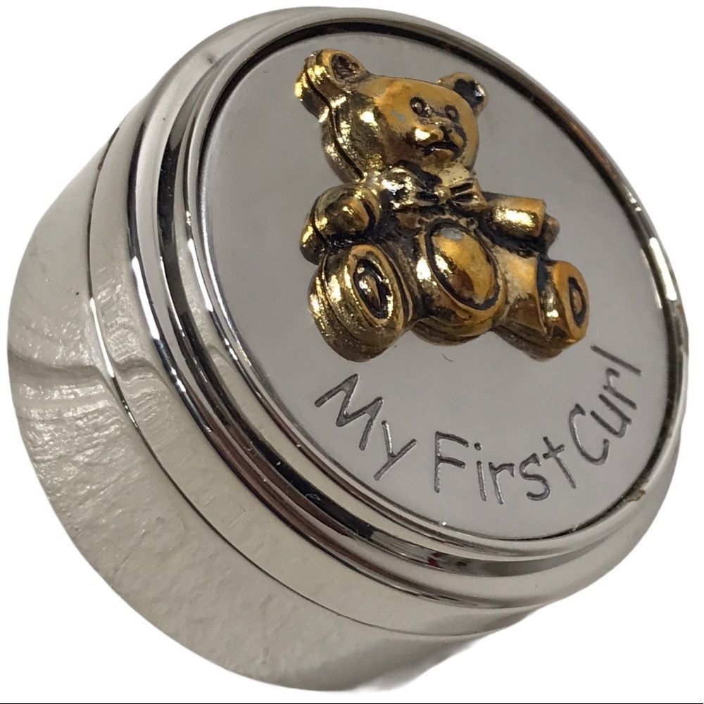 Godinger StainlessSteel Trinket TeddyBear Embossed Baby First Curl Round Box NEW